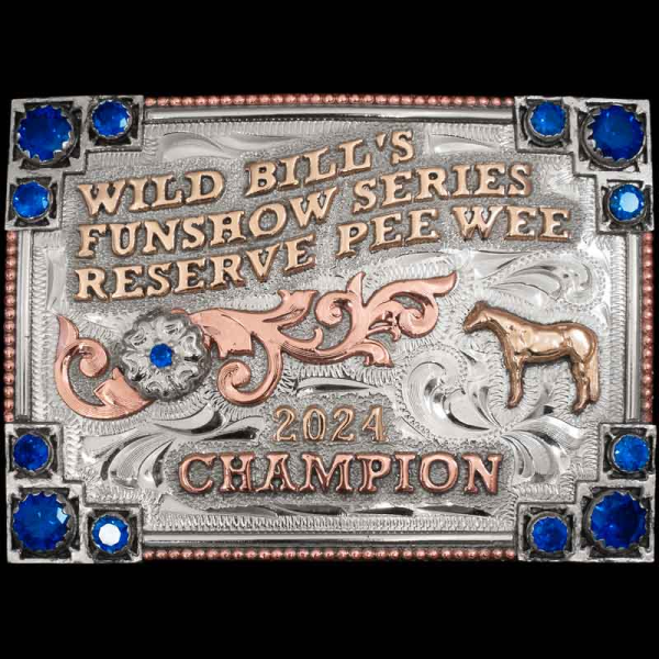 This is the shinier version of our best selling Otter Classic Belt Buckle! Featuring a hand engraved and matted base in natural finish, two metal composition for your customizable lettering and western figure. This buckle is the perfect award for newbies 